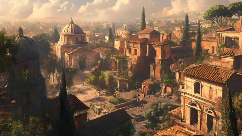 Sunlit neoclassical hill cityscape with volumetric haze rendering.