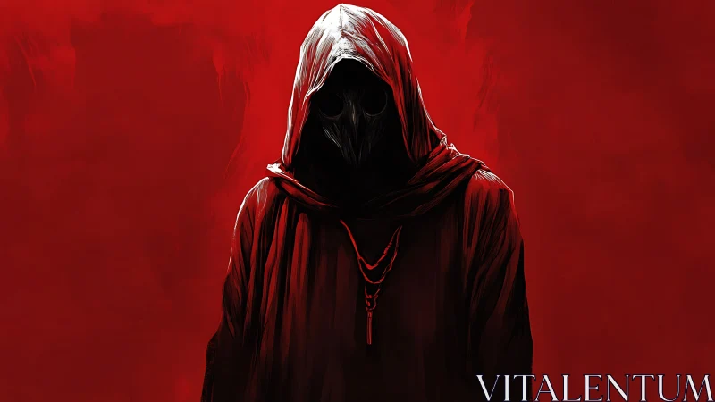 Hooded masked figure in red monochrome digital artwork.