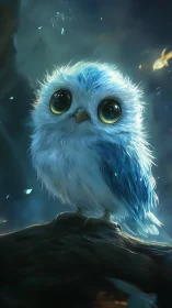 Small blue owl on branch in soft glowing forest light.