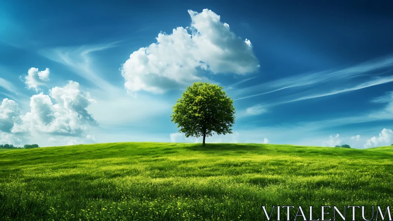 Lone Tree on Lush Green Hill Under Vibrant Blue Sky, Photorealistic.