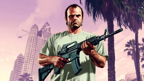 Tense gunman grips assault rifle in sunlit city street