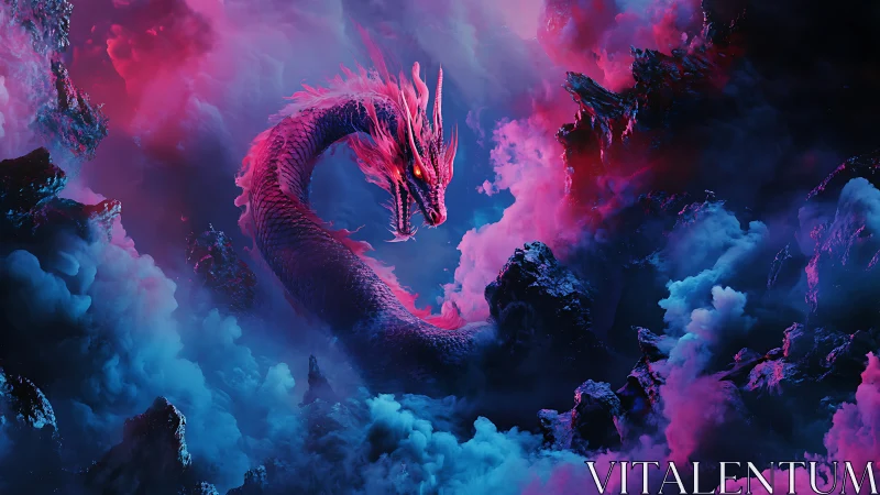 Serpentine dragon form occupies neon mist and rocky void