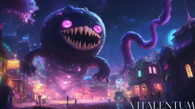 Neon void monster storms cyberpunk night market streets.