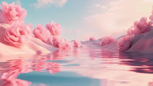 Procedural pastel landscape with reflective water and stylized blooms