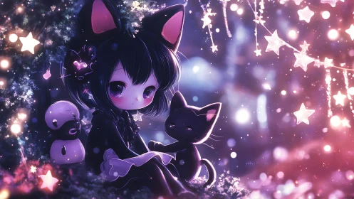Cat-eared girl with black kitten under glowing star lights.