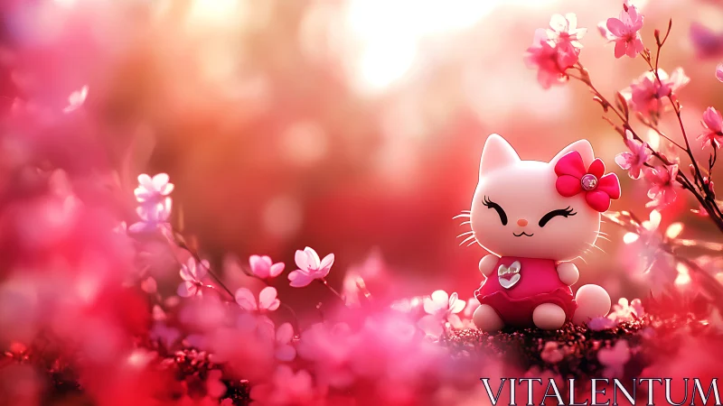 3D kawaii cat figurine amid luminous pink blossom bokeh.