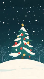 Snowy hill crowns a glowing Christmas tree in gentle night