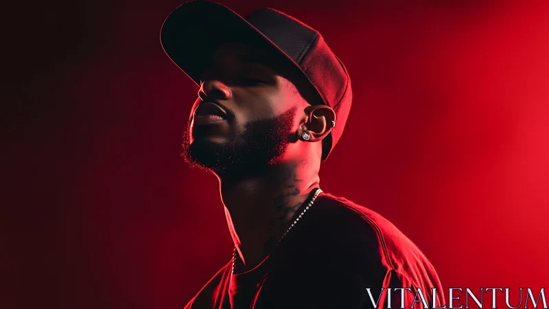 Moody portrait of man in cap under dramatic red light.