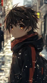 Young figure stands in winter street with backlit particles
