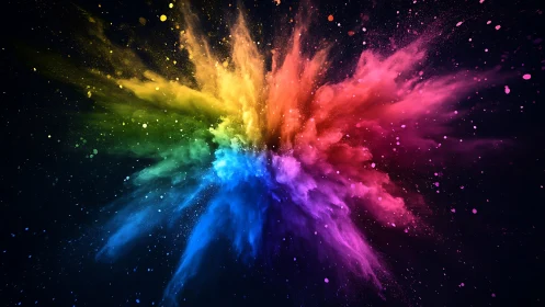 Radial burst of multicolored powder on dark background.
