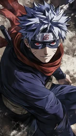 Dynamic anime shinobi portrait with dramatic foreshortening.