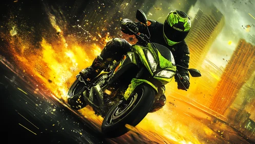 Sportbike rider cuts through urban firestorm explosion