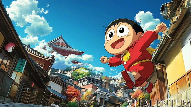 Joyful cartoon boy leaping above sunlit traditional street.