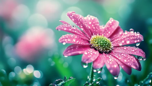 Pink Daisy with Dew Droplets on Blurred Green Background.