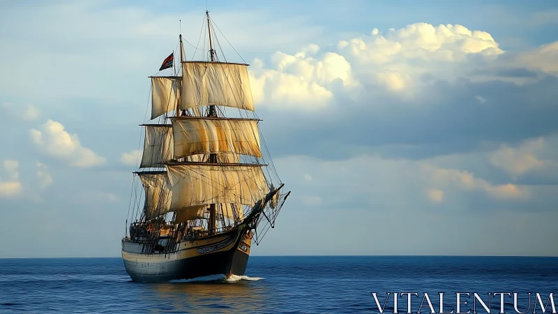 Tall wooden sailing ship on calm open sea under clouds.