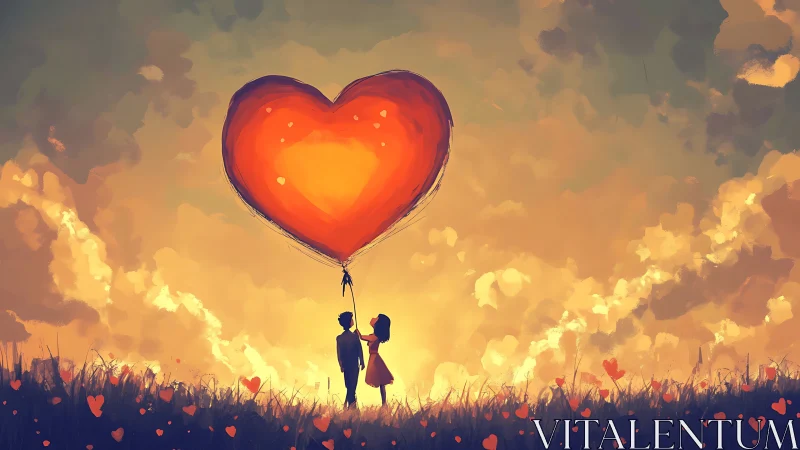 Couple Holding Giant Heart Balloon at Golden Sunset