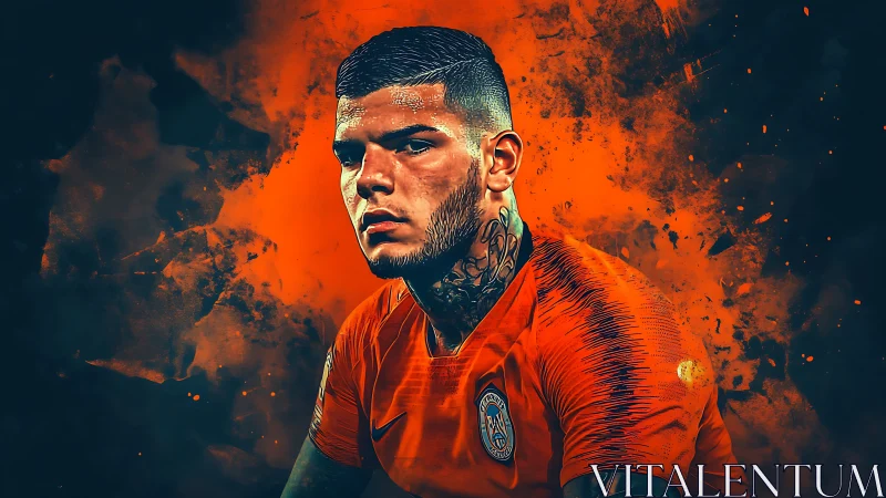Fiery football portrait glows with bold orange intensity