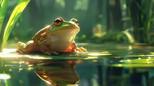 Sunlit semi-submerged frog on reflective pond surface at dawn.