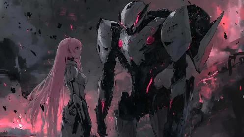 Pink haired pilot faces towering mech amid crimson storm