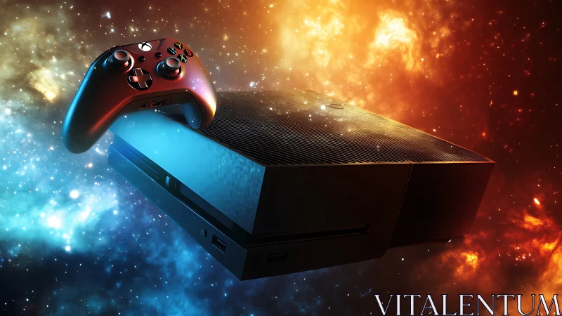 Gaming console and controller floating in cosmic nebula scene.