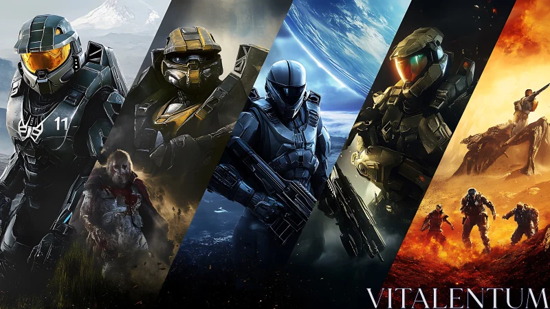 Segmented sci‑fi montage depicts armored soldiers in hostile biomes