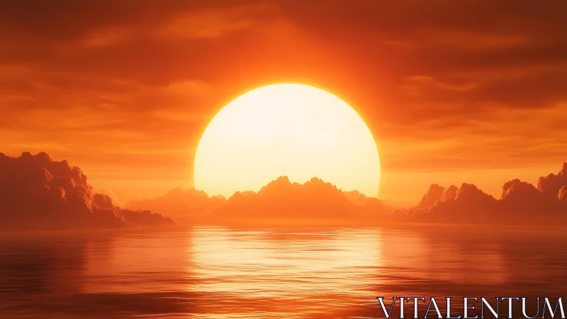 Colossal ember sun melts into clouds above molten sea