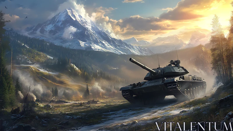 Main battle tank in alpine valley under dramatic sunrise light