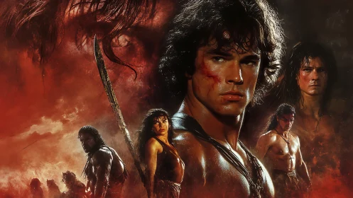 Warrior figures in composite fantasy battle illustration.