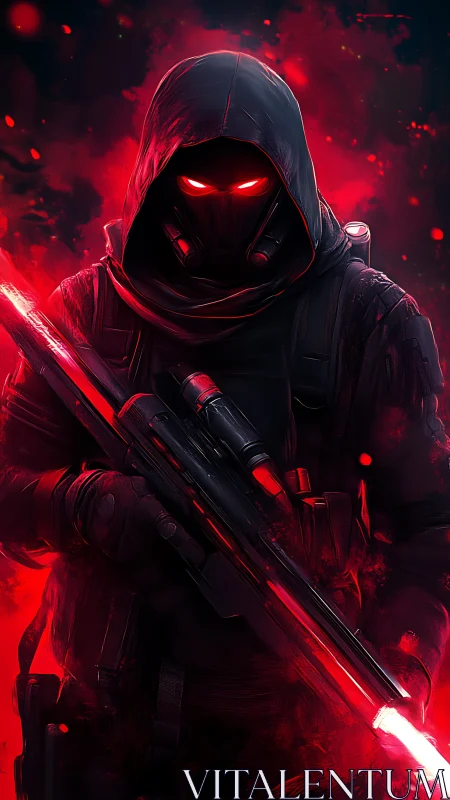 Shadow sniper in crimson haze, glowing eyes watching all.
