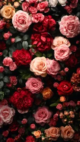 Rose arrangement on dark background showing varied bloom colors.