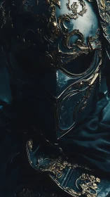 Ornate dark metal helmet with intricate gilded relief work