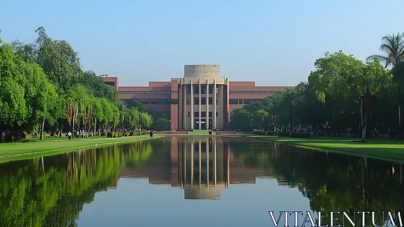 Modern campus building reflects calmly in a long water canal