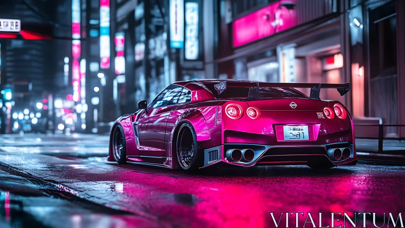 Modified red sports car on neon lit wet city street.