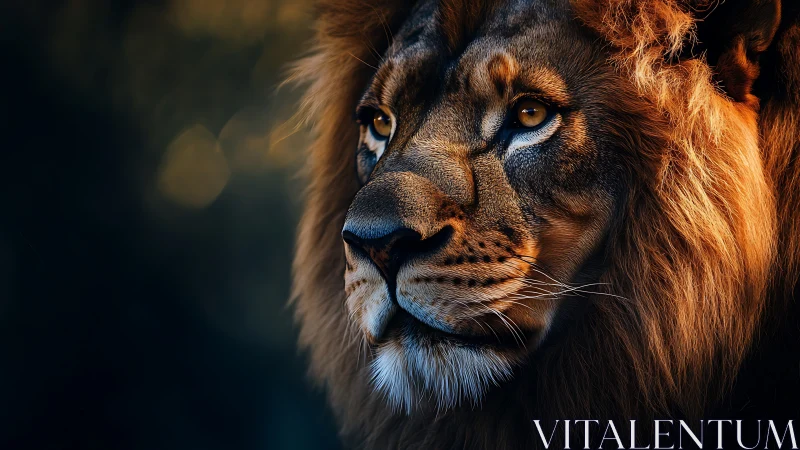 Ember-maned lion gazing into dusk&rsquo;s velvet hush.