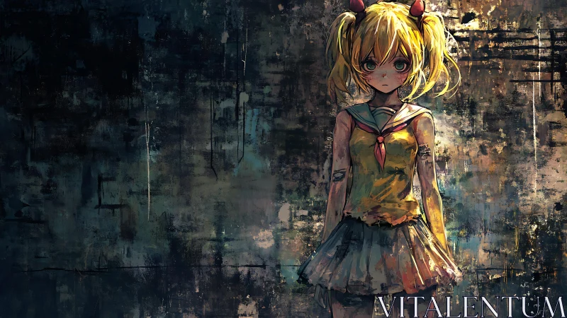 Haunted anime schoolgirl stands in grungy abstract alleyway.