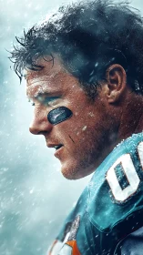 Gridiron portrait of snow covered American football player profile