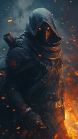 Hooded armored figure with glowing eyes amid drifting embers.