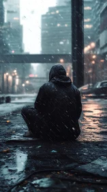 Hooded rain-sitter studying neon ghosts of the wet city.