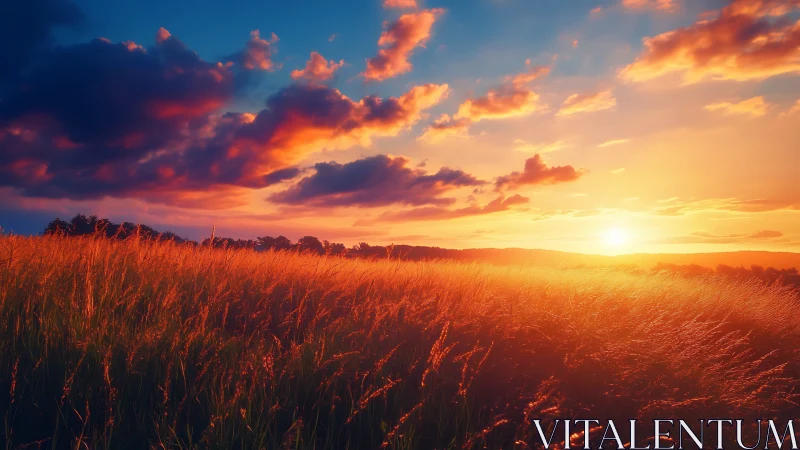High-saturation sunset over wind-swept grassland with strong rim lighting