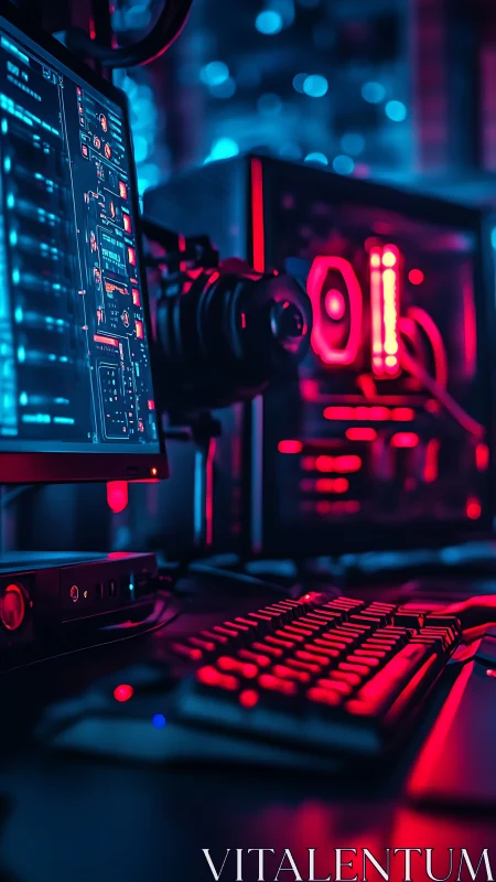 Neon command station bathing cyber keyboard in electric glow.