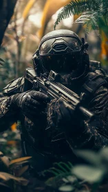 Armored tactical operator advances through dense jungle foliage