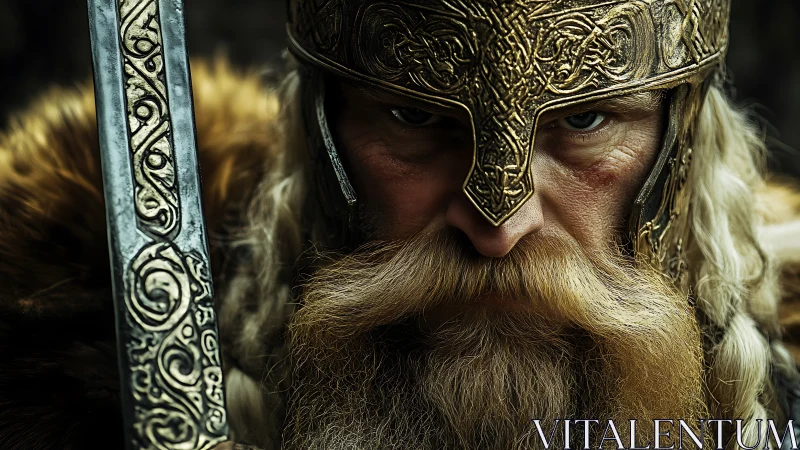Warrior portrait renders ornate Viking helmet and sword in detail