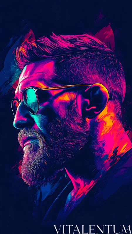 Neon-lit bearded profile in vivid duotone portrait.