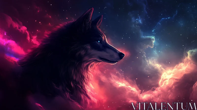 Canine profile rendered against luminous nebula backdrop.