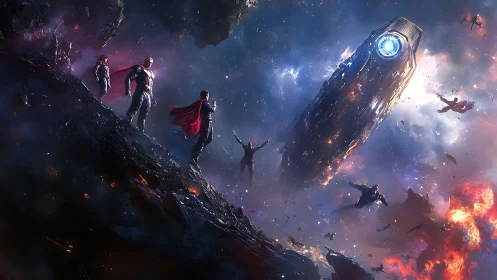 Group of caped figures near damaged spacecraft in space.