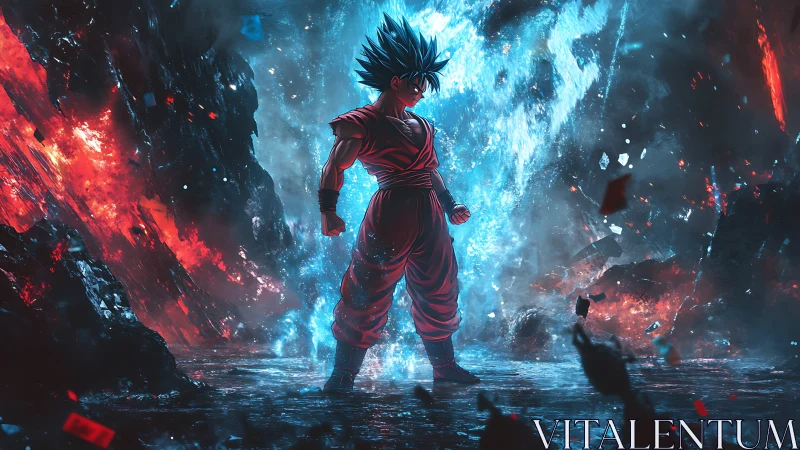 Stylized fighter stands between blue energy and red lava