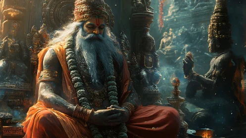 Meditating sage amid ornate temple statues and incense.