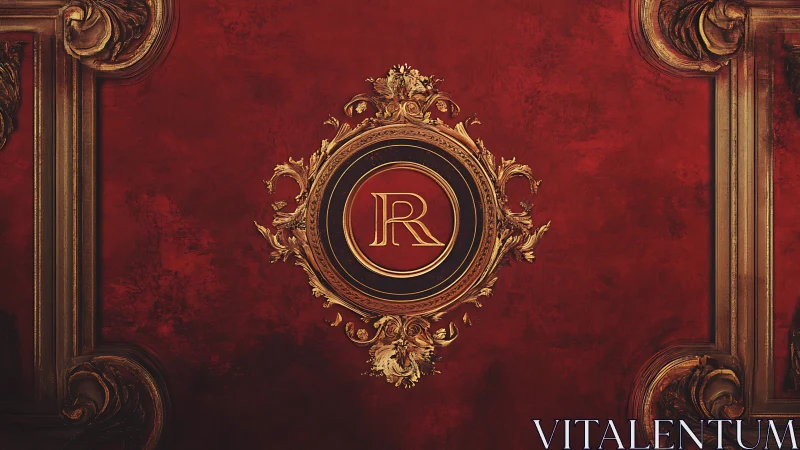 Ornate gold monogram R centered on textured red panel