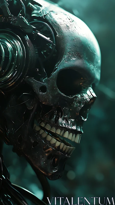 Cybernetic skull glows with teal backlight and chrome cabling.