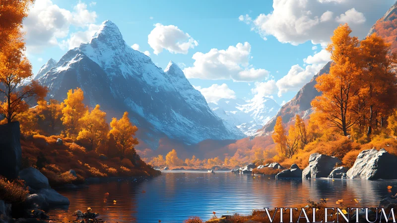 Golden autumn valley rests beneath towering snowy peaks